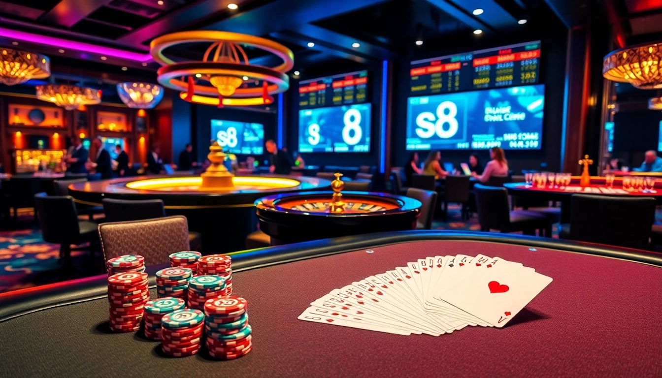 Players strategizing at the S8 casino table, surrounded by poker chips and vibrant lights.