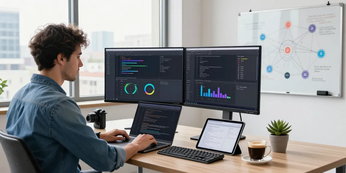 Developer using Bungeeexchange interface on dual monitors in a modern tech workspace