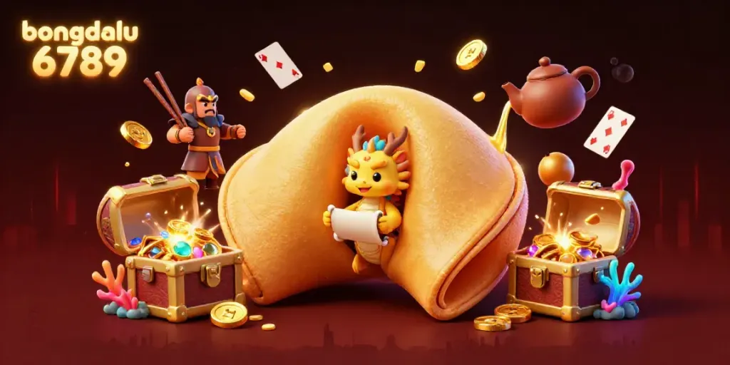 Engage with the vibrant scene featuring bongdalu 6789, where fortune cookies, a wise dragon, and gold flow within a dynamic casino theme.