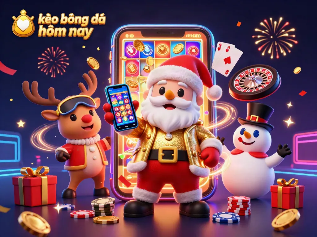 Engage in kèo bóng đá hôm nay with a vibrant illustration of Santa and friends in a festive casino.