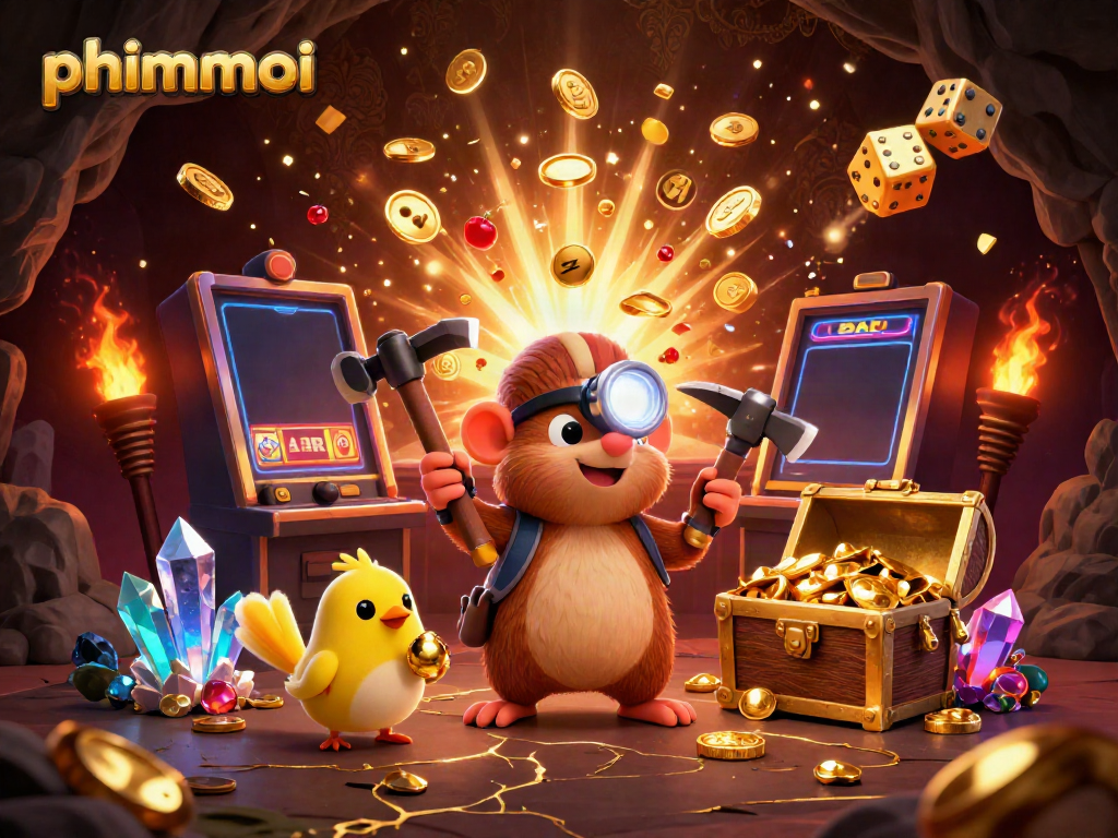 phimmoi casino scene featuring a treasure hunter mole and canary with slot machine jackpot explosion.
