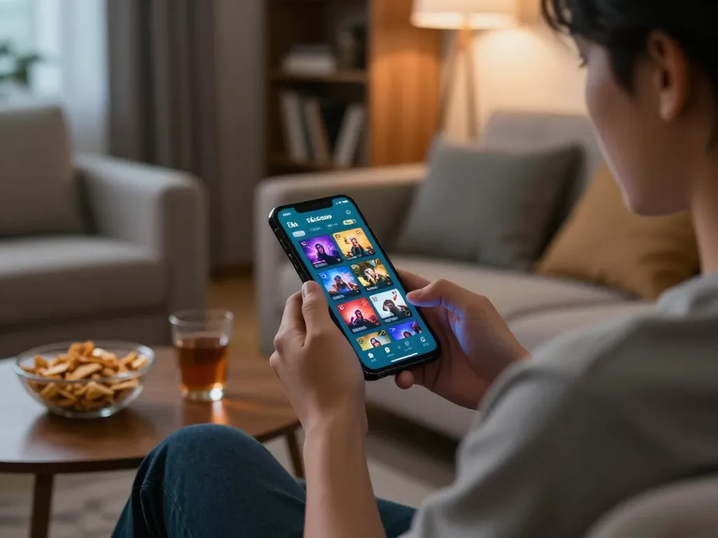TẢI GO88 app on smartphone in a cozy living room setup, emphasizing mobile gaming experience.