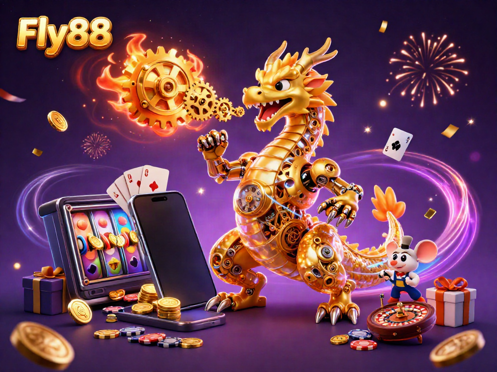 Fly88 showcases a vibrant 3D casino scene with a golden dragon, smartphone slot game elements, and dynamic confetti.