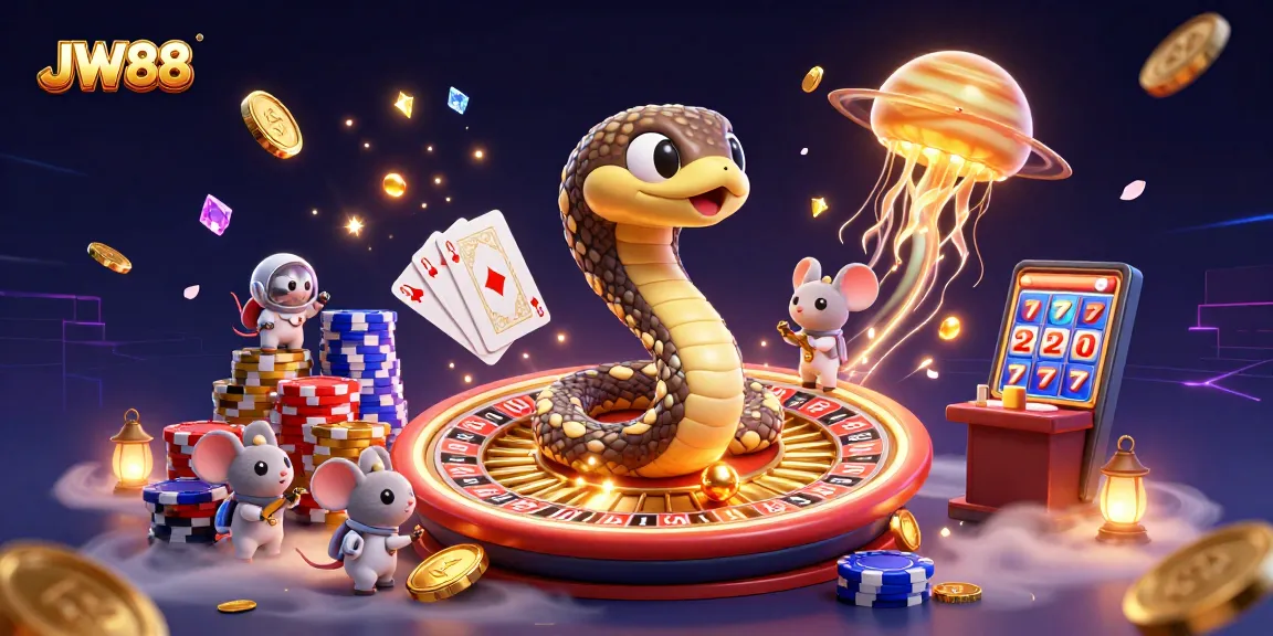 Experience the thrill at JW88 with astronaut mice betting on a cosmic roulette, surrounded by vibrant gaming elements.