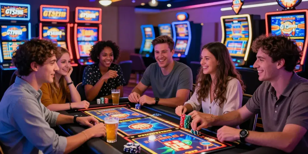 Spelers genieten van een levendige sfeer in GTSpins Casino NL met kleurrijke gokkasten en enthousiaste vrienden.