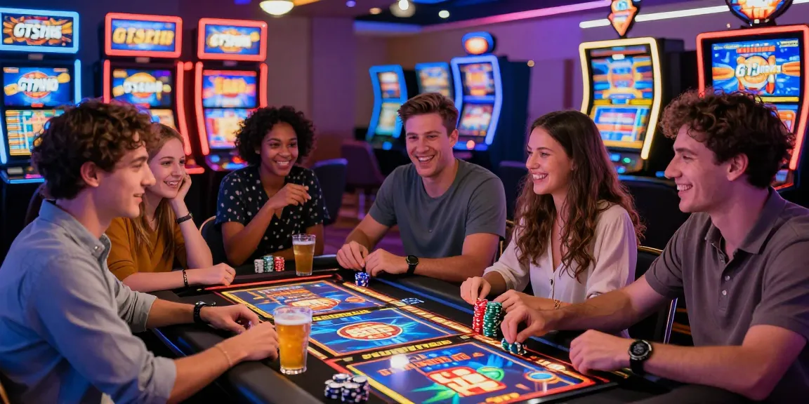 Spelers genieten van een levendige sfeer in GTSpins Casino NL met kleurrijke gokkasten en enthousiaste vrienden.