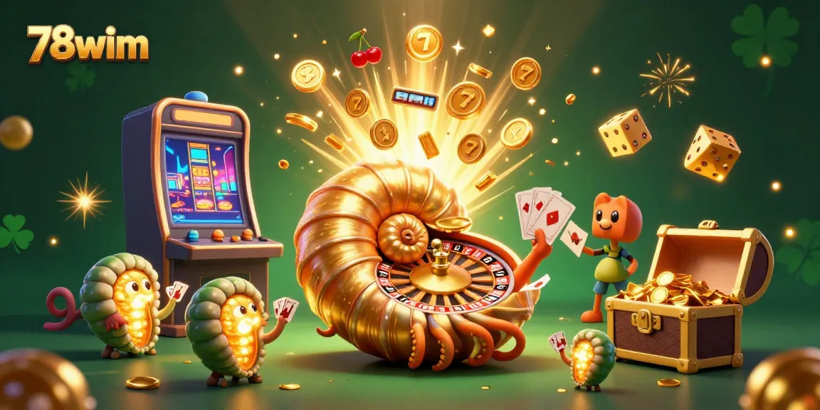 Engage with the vibrant gambling world of 78wim, featuring a dynamic ancient nautilus character and exciting casino symbols.