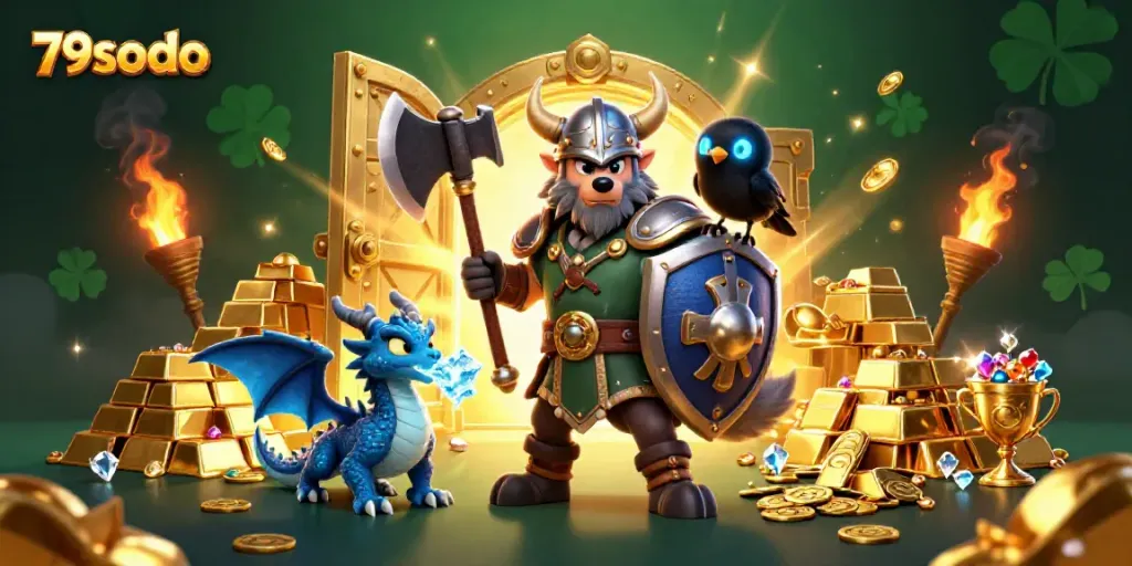 Engage with 79sodo; a Viking warrior, ice-breathing dragon  in a vibrant casino treasure scene.