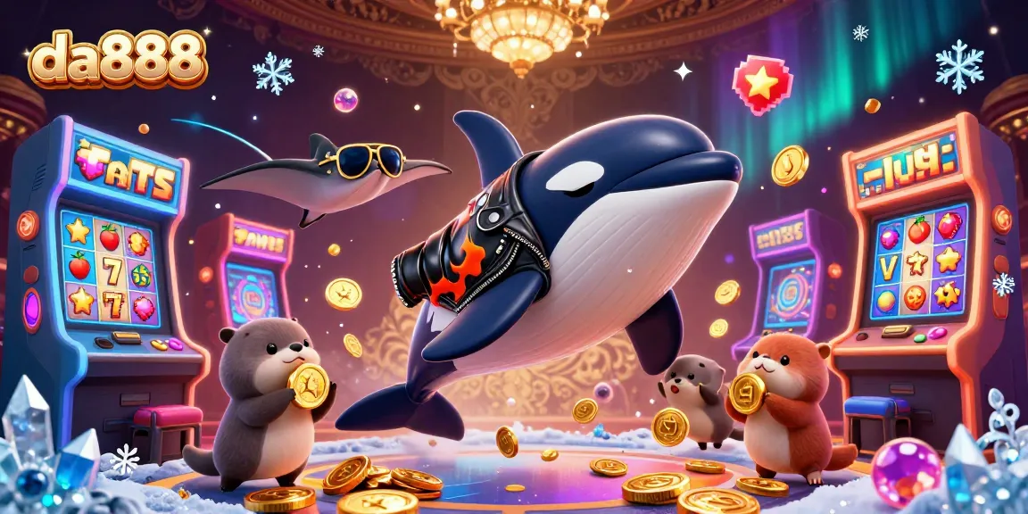 Engage with da888's exciting slot reels featuring a lively whale and sea otters in a vibrant casino scene.