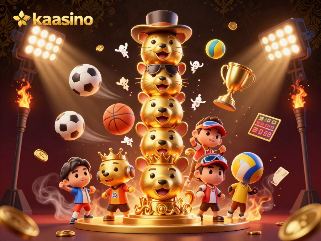 Kaasino showcases a vibrant 3D illustration of a totem pole and sports elements, emphasizing gaming and excitement.