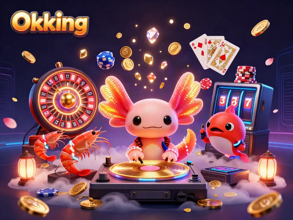 Experience dynamic gameplay with Okking, featuring a neon axolotl DJ and lively characters in an immersive casino scene.