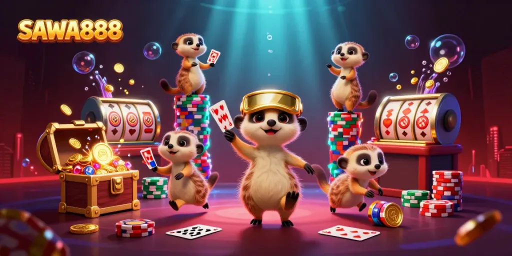 SAWA888 meerkat casino scene with vibrant slot reels and playful characters managing chips.