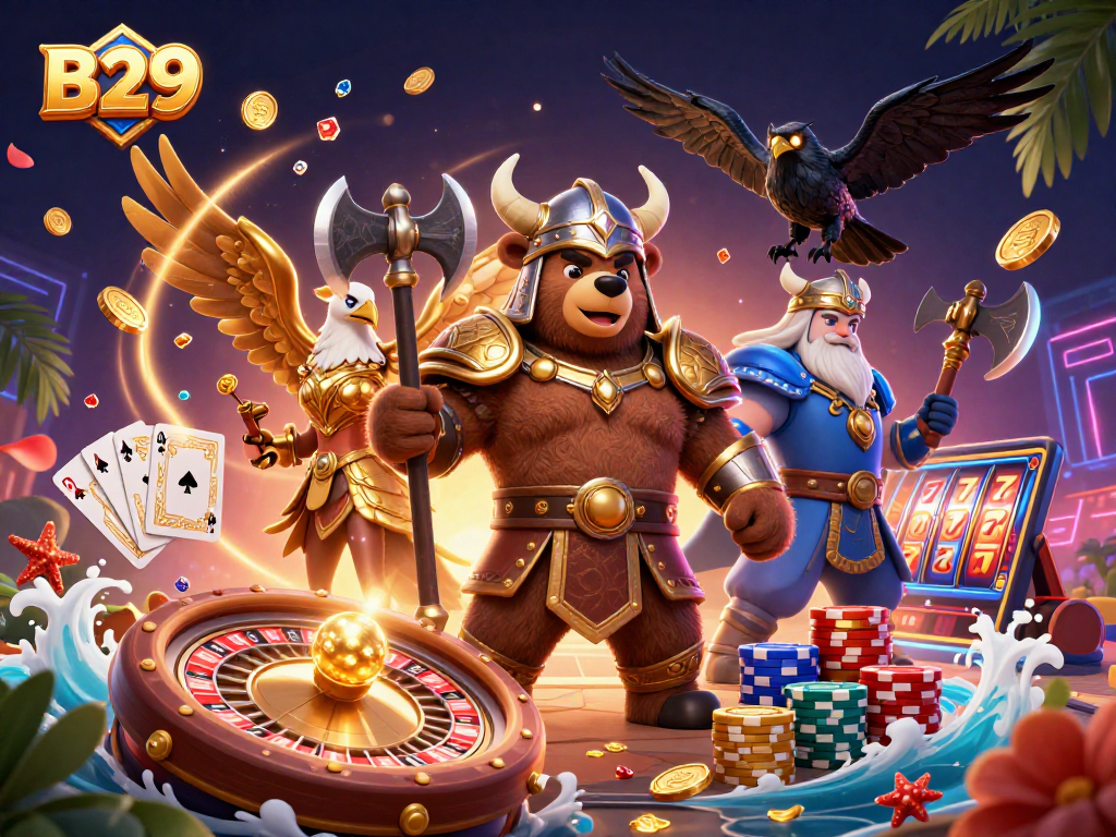 B29 players win big with thrilling casino action illustrated by Viking bear, Valkyrie eagle, and glowing coins.