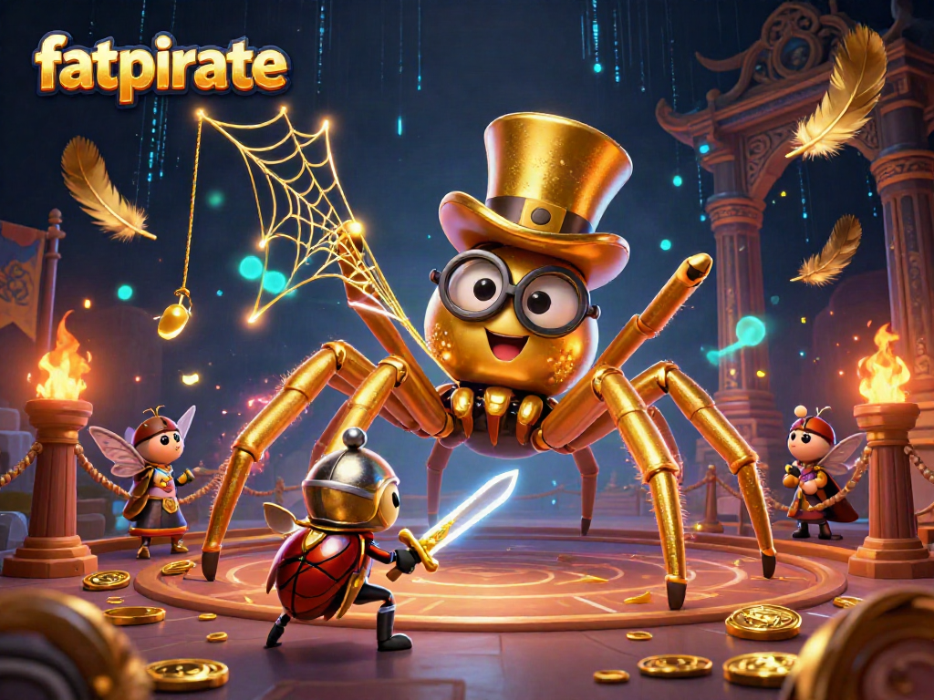 Engage with fatpirate's thrilling world featuring a golden tarantula and beetle knight in an immersive casino scene.