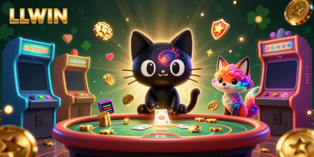 Experience the cosmic gaming charm with LLWIN, where a black hole cat captures casino chips amidst vibrant games.