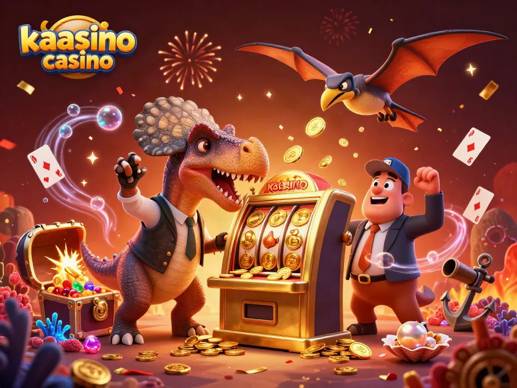 Kaasino casino showcases a dynamic scene with animated characters celebrating jackpot wins amidst gold coins and vibrant casino elements.
