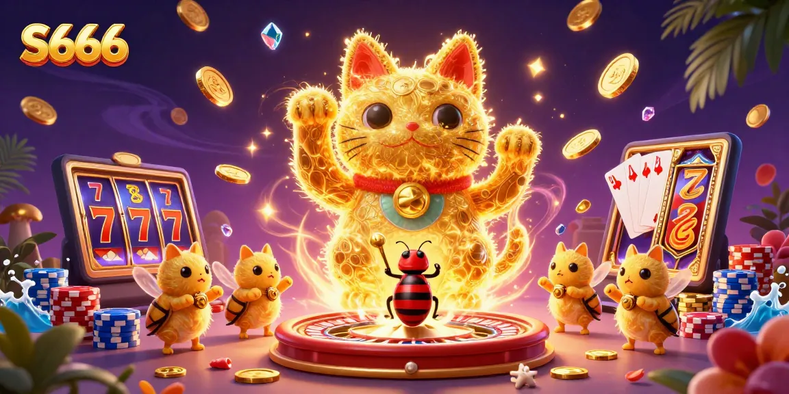 S666 players enjoying a vibrant 3D casino experience filled with lucky symbols, coins, and cards.