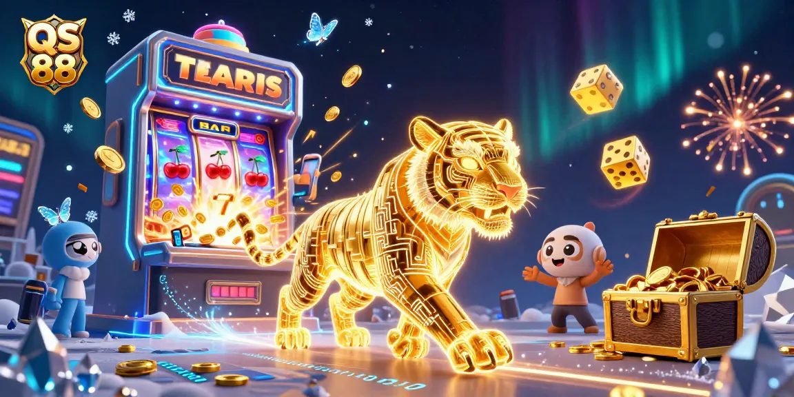 Experience the excitement of QS 88 with a golden tiger in a dynamic casino landscape.