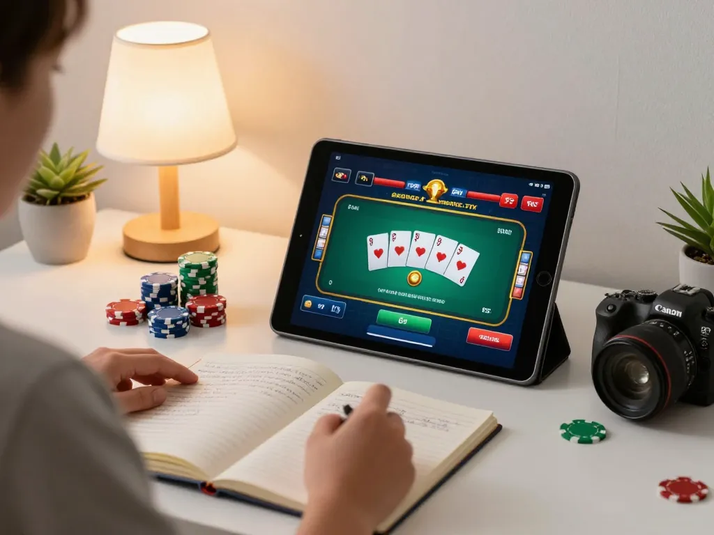 Engaging in online poker at https://va88.moe/ with strategic notes and chips visible around.