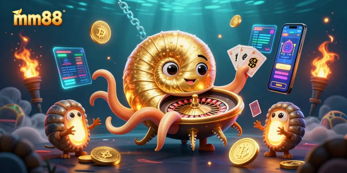 Engage with mm88’s thrilling casino experience featuring a golden nautilus roulette and glowing cards.