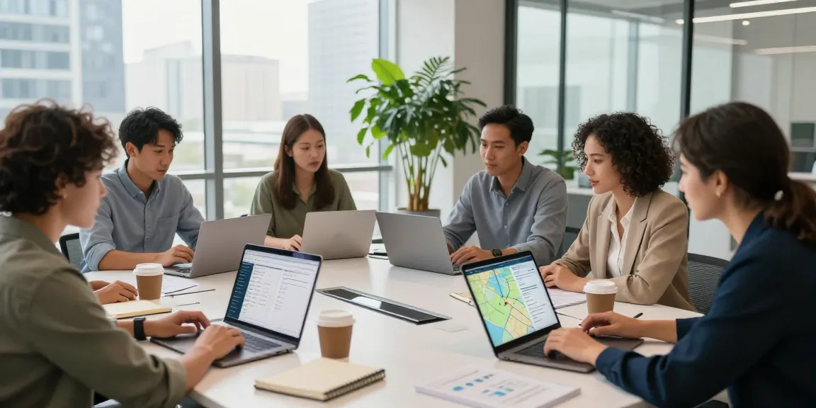 Team discussing GEO software for agencies in a modern workspace with laptops and analytics.