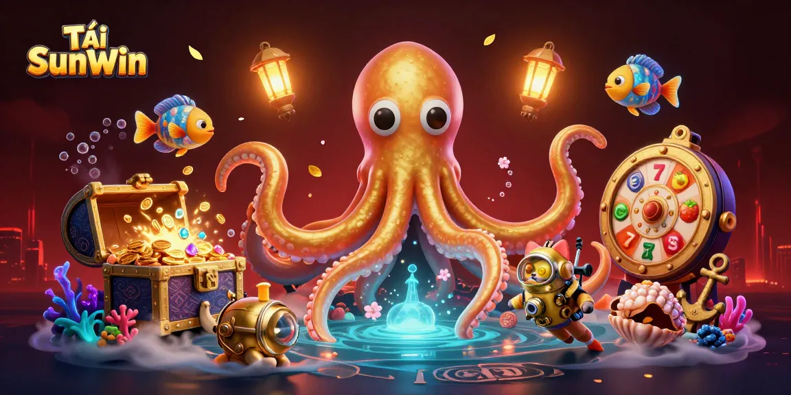 Tải SunWin showcases an energetic casino scene with a playful kraken, diving cat, and rich treasure elements.