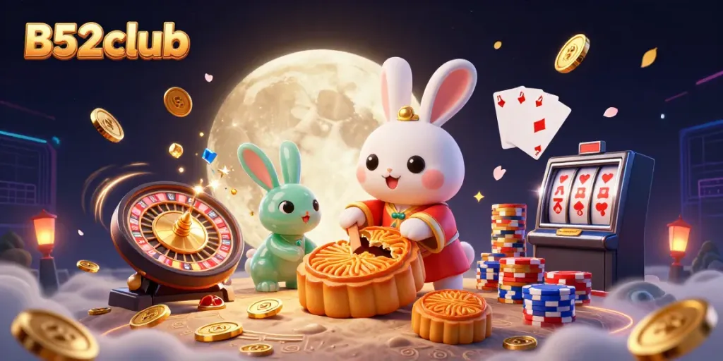 B52club offers thrilling gameplay with a cartoon moon rabbit and poker-themed elements in a vibrant illustration.