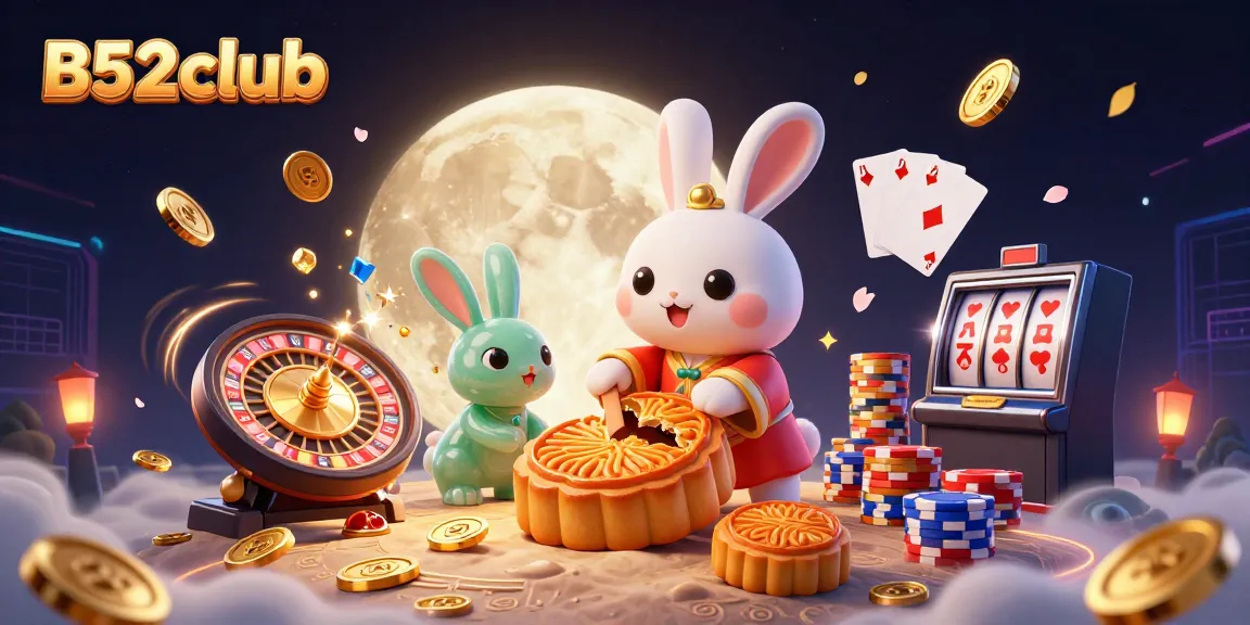 B52club offers thrilling gameplay with a cartoon moon rabbit and poker-themed elements in a vibrant illustration.