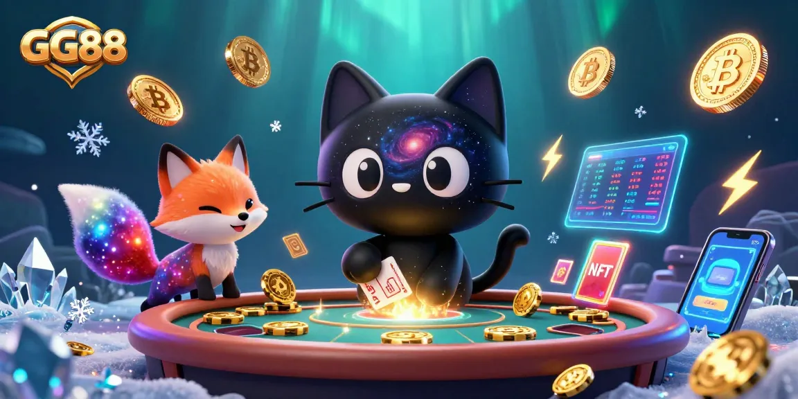 Spin and win at GG88 with a cosmic casino scene featuring vibrant characters and crypto elements.
