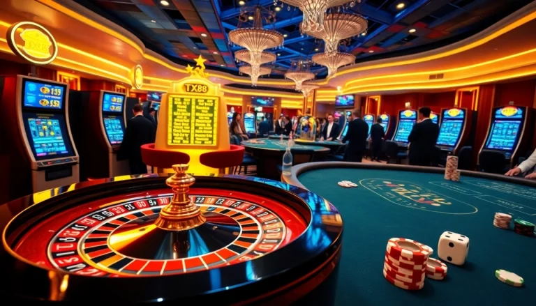 Action-packed scene from Nhà Cái TX88 showcasing players enjoying various games in a vibrant casino atmosphere.