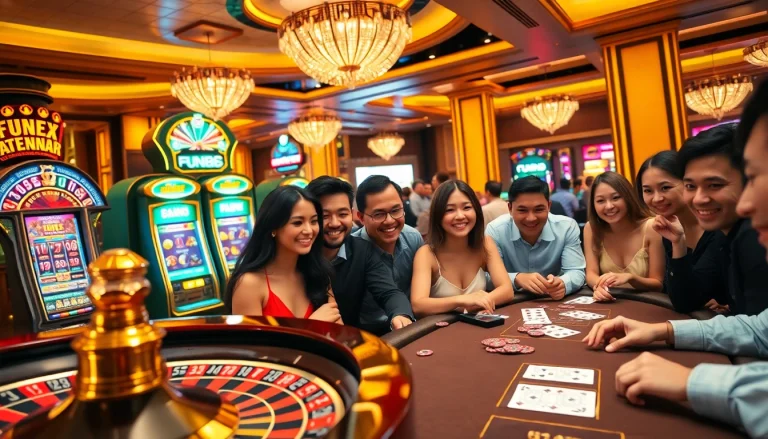 Experience thrilling Fun88 gameplay with a luxurious casino ambience featuring slot machines and poker tables.