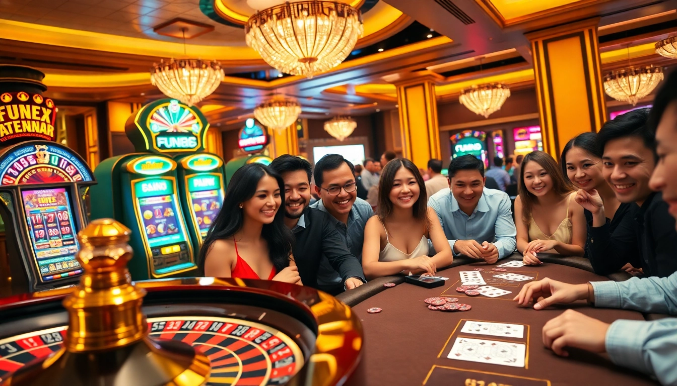 Experience thrilling Fun88 gameplay with a luxurious casino ambience featuring slot machines and poker tables.