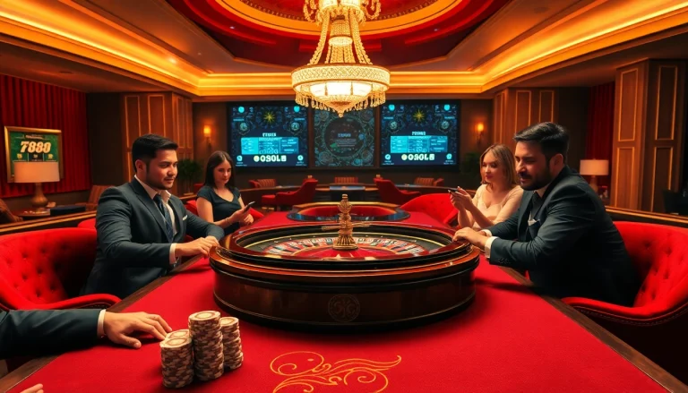 Exciting casino scene featuring FB88 with roulette, poker players, and vibrant gaming atmosphere.