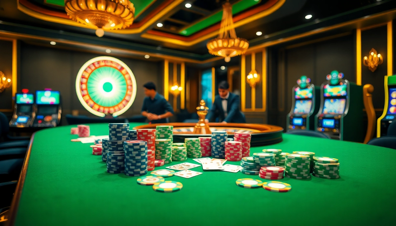 Bet on exciting games at https://i9bet.space/ with dealers and poker chips in a vibrant casino setting.