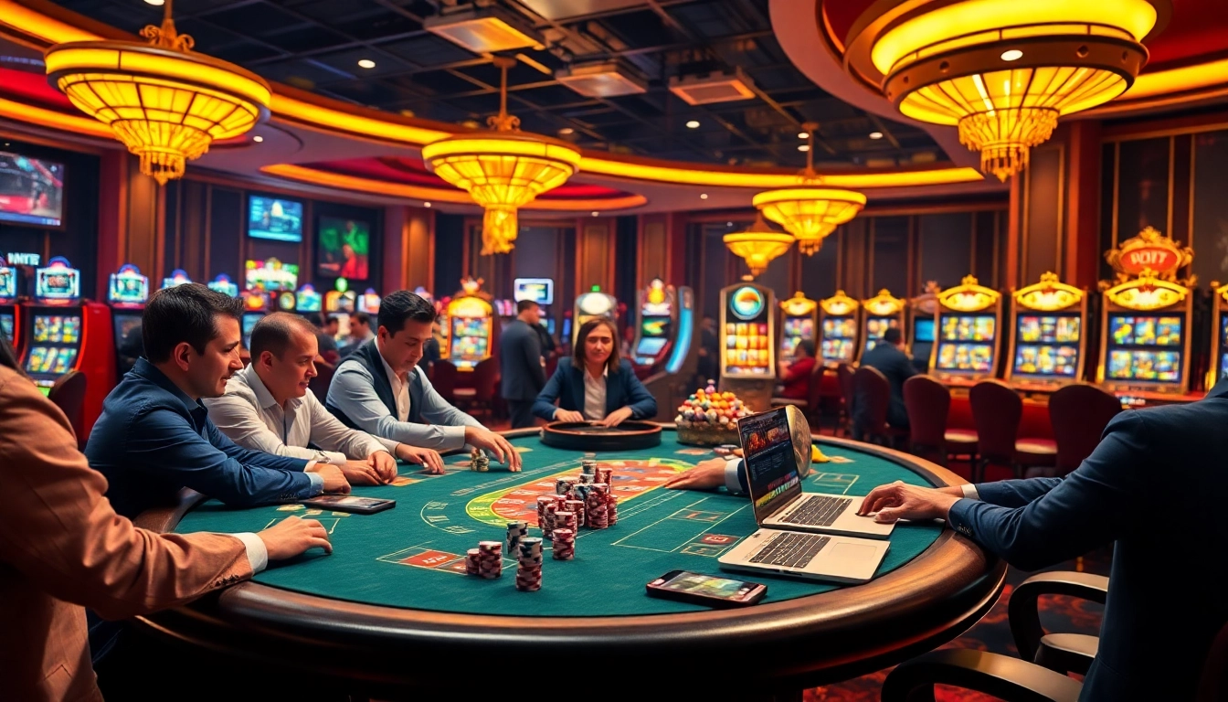 Gamblers enjoying a thrilling experience at nhà cái uy tín s8 casino with poker tables and slot machines.