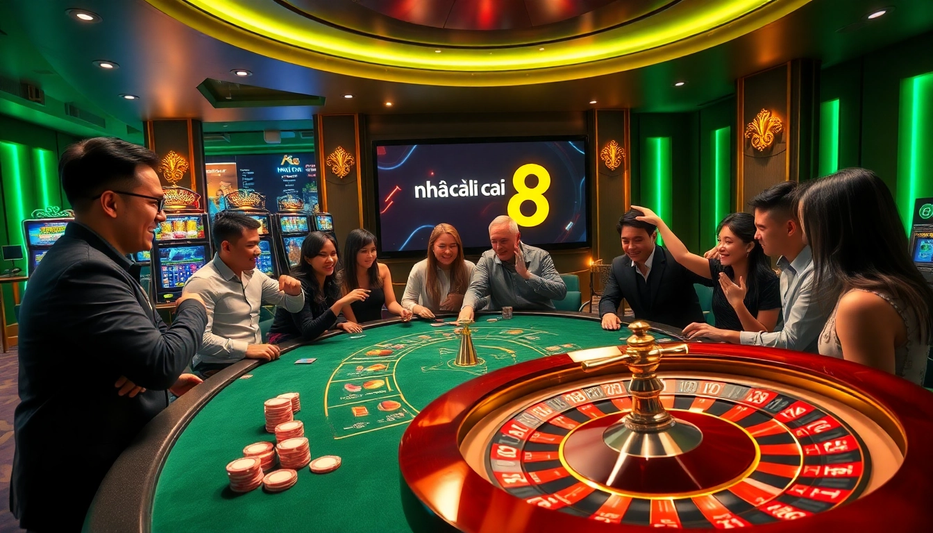 Experience the thrill of gambling at nhà cái S8 with vibrant casino visuals featuring energetic players and gaming tables.
