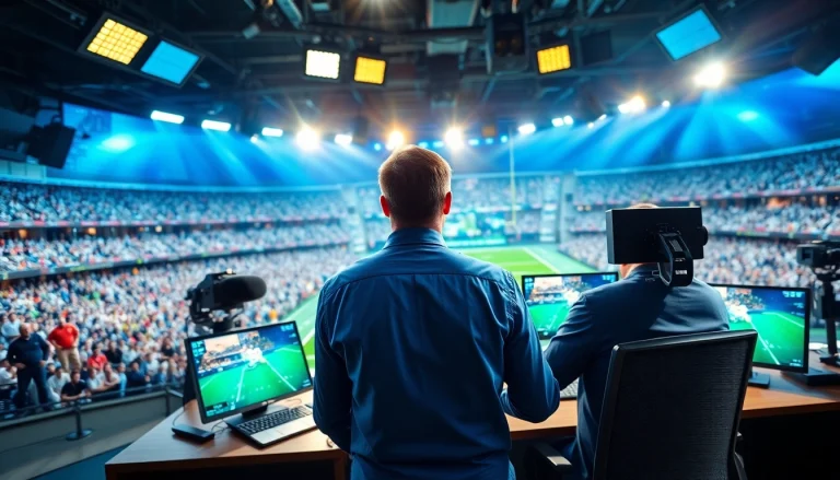 Dynamic sports broadcasting studio showcasing technology and excitement.