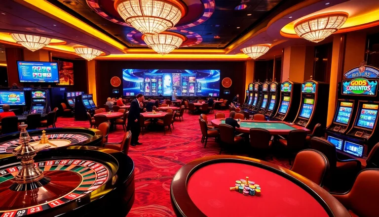 Exciting gaming scene at GOD55 casino featuring luxurious tables and vibrant slot machines.