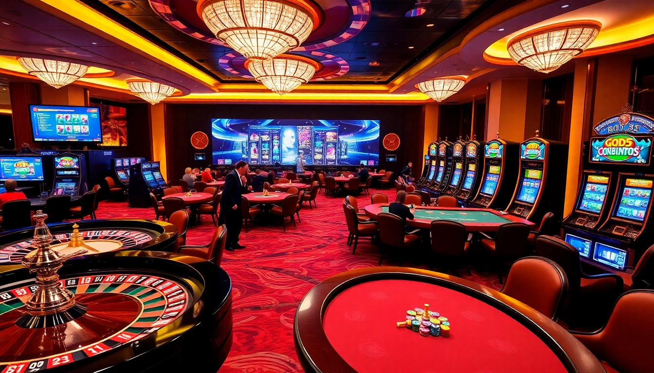 Exciting gaming scene at GOD55 casino featuring luxurious tables and vibrant slot machines.