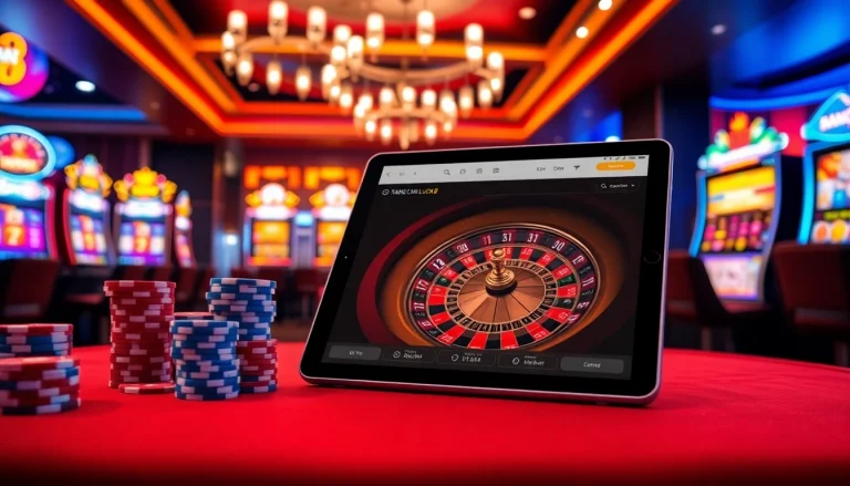 Experience the thrill of gambling at TRANG CHỦ LUCK8 with vibrant casino visuals of roulette and poker chips.