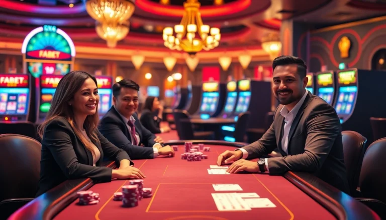 Engaged gamblers enjoying online betting at https://fabet.blog/ with vibrant poker chips and glowing slot machines.