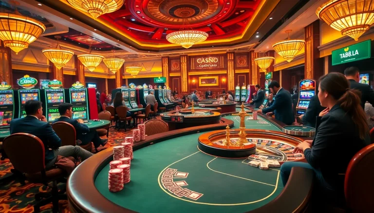 Players enjoying a vibrant gambling experience at https://ta88.la/ showcasing poker chips and slot machines.