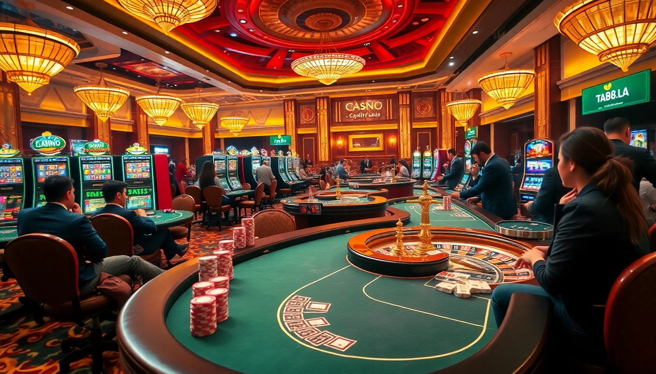 Players enjoying a vibrant gambling experience at https://ta88.la/ showcasing poker chips and slot machines.