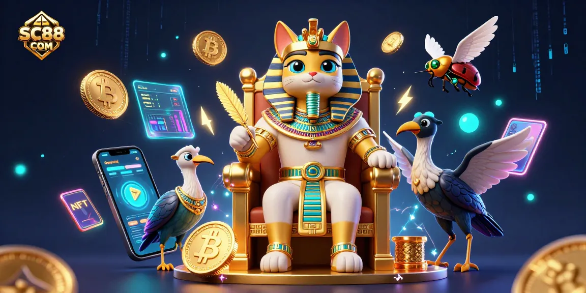 Win big with SC88 COM's vibrant casino scene featuring Egyptian pharaohs and crypto elements.