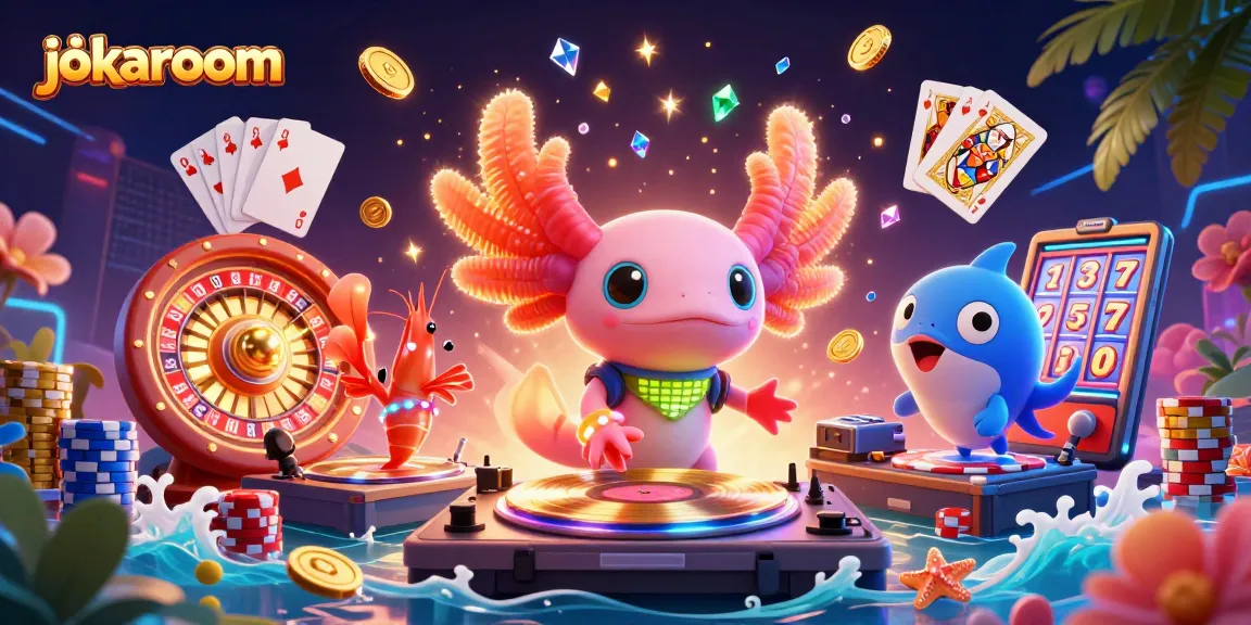 Enjoy thrilling casino action with jokaroom's vibrant 3D illustration of a neon axolotl DJ and lively underwater characters.