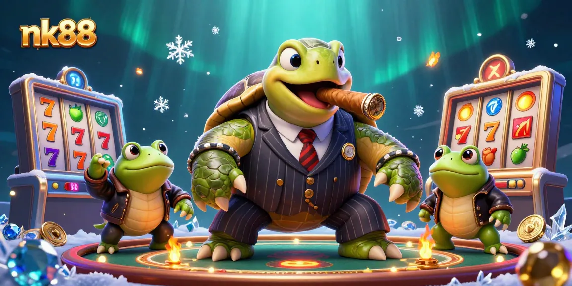 nk88 slots adventure with a charming turtle and bullfrog enforcers, showcasing vibrant jackpot elements