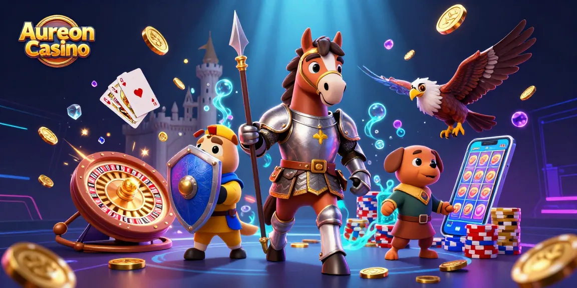 Aureon Casino showcases a vibrant knight and puppy amidst dazzling gambling elements.