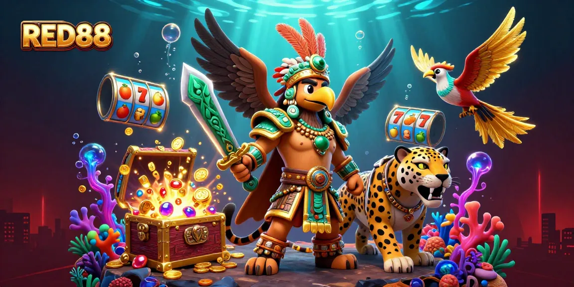 Spin winning reels at RED88 while enjoying a dynamic casino scene with vibrant game elements.