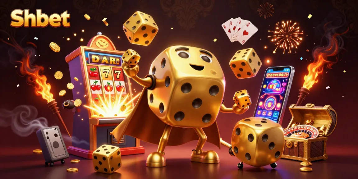 Experience thrilling gameplay and bonuses at Shbet with a dynamic scene featuring golden dice, slot machines, and vibrant casino elements.