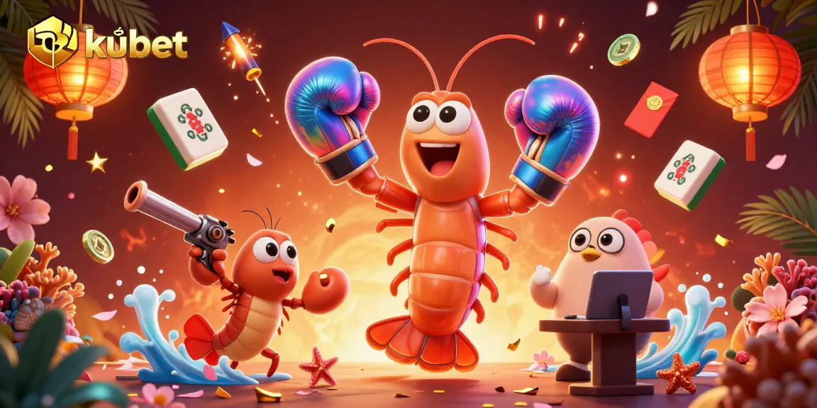 Experience the electrifying action as you tải kubet with vibrant shrimp characters amidst festive casino elements.